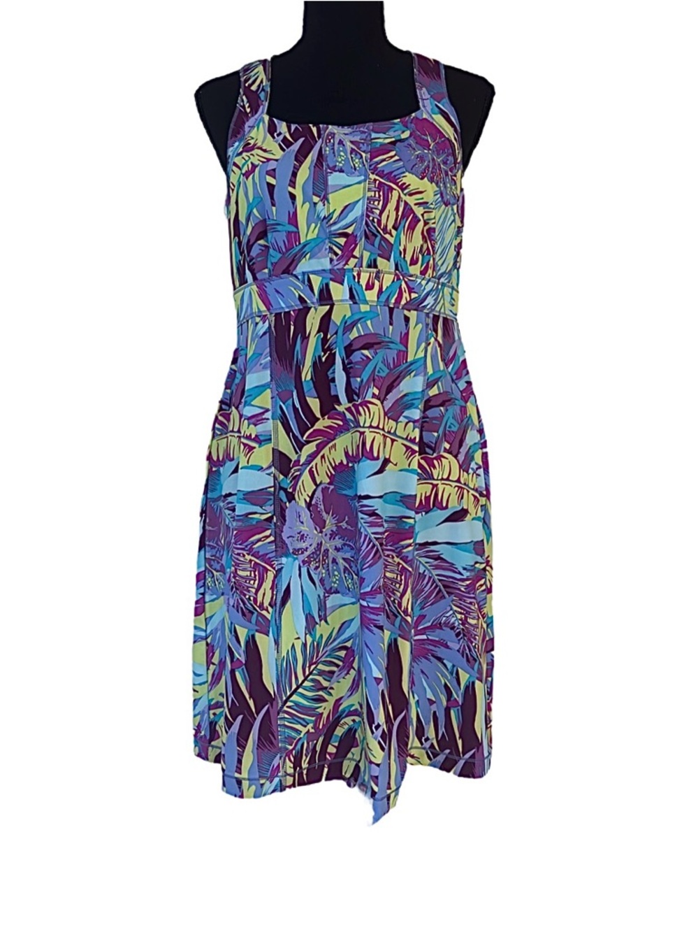 TENNIS DRESS ~ Tropical Print Sleeveless A-Line Dress Purple Teal Green